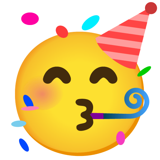 Google design of the partying face emoji verson:Noto Color Emoji 15.0