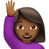 Apple design of the woman raising hand: medium-dark skin tone emoji verson:ios 16.4