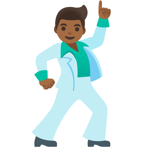 Google design of the man dancing: medium-dark skin tone emoji verson:Noto Color Emoji 15.0