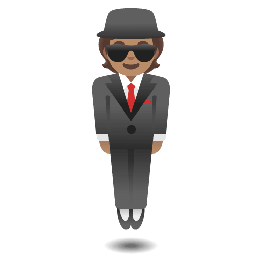 Google design of the person in suit levitating: medium skin tone emoji verson:Noto Color Emoji 15.0