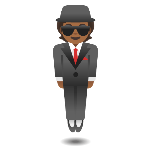 Google design of the person in suit levitating: medium-dark skin tone emoji verson:Noto Color Emoji 15.0