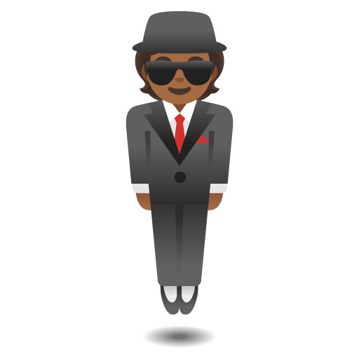 Google design of the person in suit levitating: medium-dark skin tone emoji verson:Noto Color Emoji 15.0