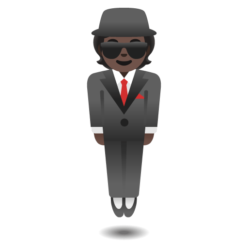 Google design of the person in suit levitating: dark skin tone emoji verson:Noto Color Emoji 15.0