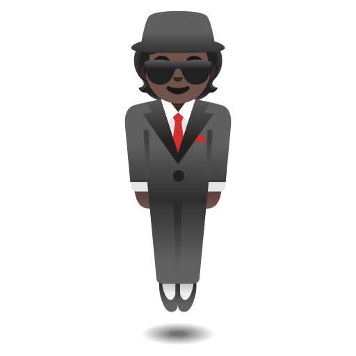 Google design of the person in suit levitating: dark skin tone emoji verson:Noto Color Emoji 15.0