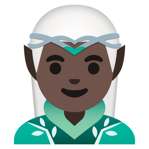 Google design of the man elf: dark skin tone emoji verson:Noto Color Emoji 15.0
