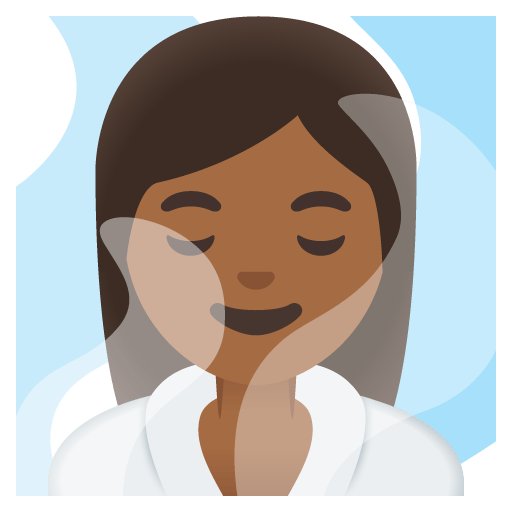 Google design of the woman in steamy room: medium-dark skin tone emoji verson:Noto Color Emoji 15.0