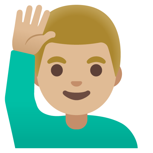 Google design of the man raising hand: medium-light skin tone emoji verson:Noto Color Emoji 15.0