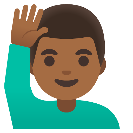 Google design of the man raising hand: medium-dark skin tone emoji verson:Noto Color Emoji 15.0