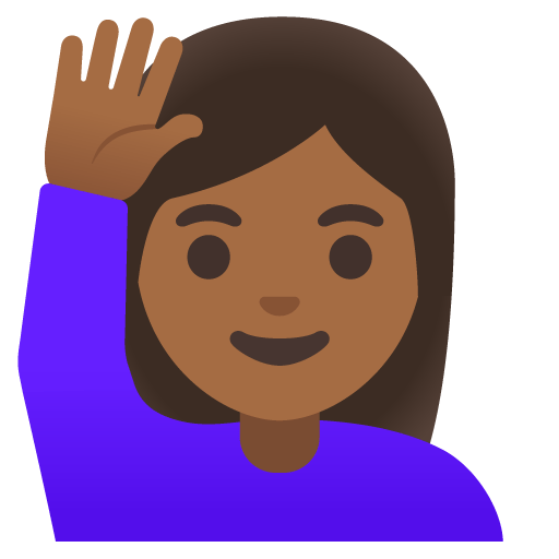 Google design of the woman raising hand: medium-dark skin tone emoji verson:Noto Color Emoji 15.0