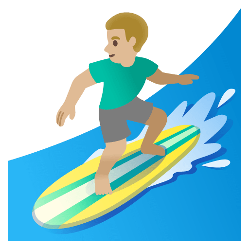 Google design of the man surfing: medium-light skin tone emoji verson:Noto Color Emoji 15.0