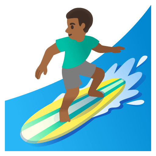 Google design of the man surfing: medium-dark skin tone emoji verson:Noto Color Emoji 15.0