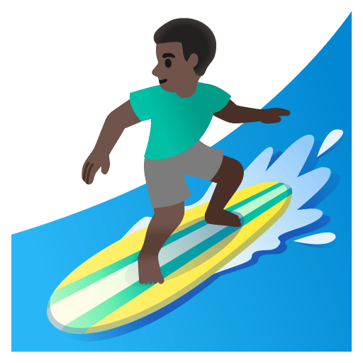 Google design of the man surfing: dark skin tone emoji verson:Noto Color Emoji 15.0