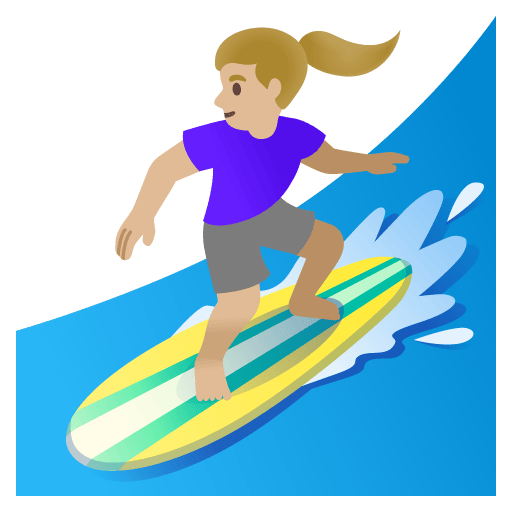 Google design of the woman surfing: medium-light skin tone emoji verson:Noto Color Emoji 15.0