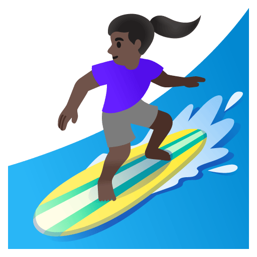 Google design of the woman surfing: dark skin tone emoji verson:Noto Color Emoji 15.0