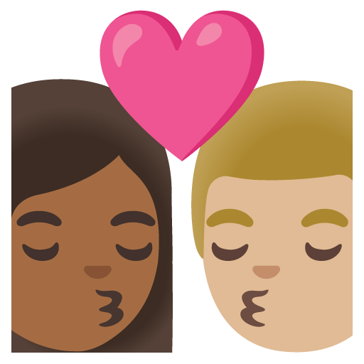 Google design of the kiss: woman man medium-dark skin tone medium-light skin tone emoji verson:Noto Color Emoji 15.0