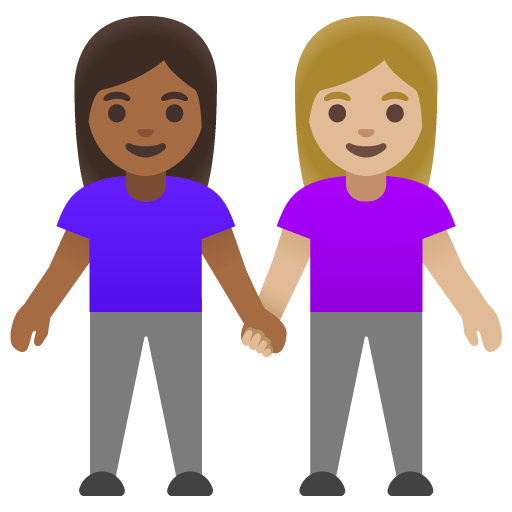 Google design of the women holding hands: medium-dark skin tone medium-light skin tone emoji verson:Noto Color Emoji 15.0
