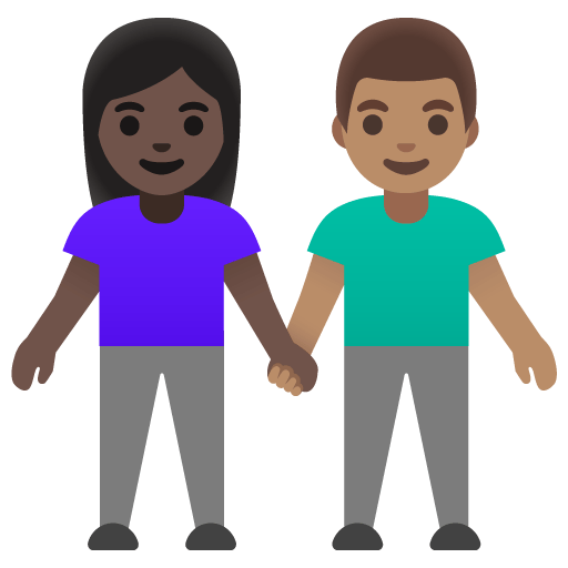 Google design of the woman and man holding hands: dark skin tone medium skin tone emoji verson:Noto Color Emoji 15.0