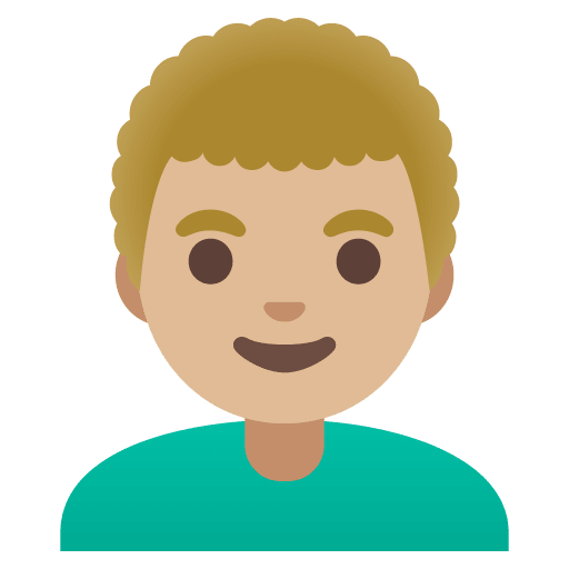 Google design of the man: medium-light skin tone curly hair emoji verson:Noto Color Emoji 15.0