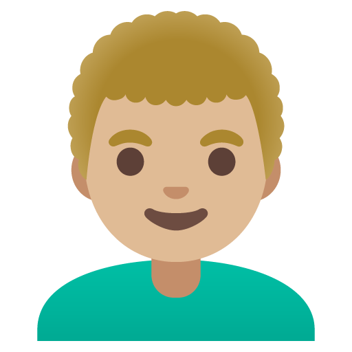 Google design of the man: medium-light skin tone curly hair emoji verson:Noto Color Emoji 15.0
