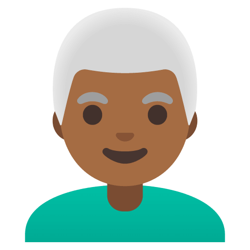 Google design of the man: medium-dark skin tone white hair emoji verson:Noto Color Emoji 15.0