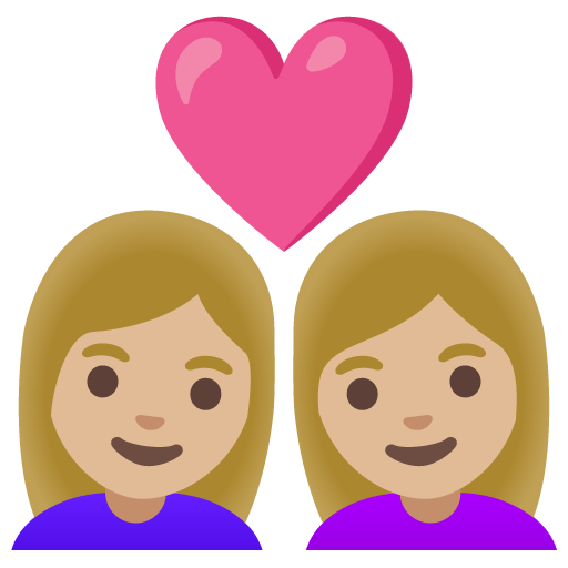Google design of the couple with heart: woman woman medium-light skin tone emoji verson:Noto Color Emoji 15.0