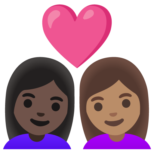 Google design of the couple with heart: woman woman dark skin tone medium skin tone emoji verson:Noto Color Emoji 15.0