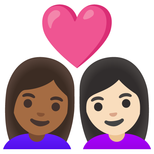 Google design of the couple with heart: woman woman medium-dark skin tone light skin tone emoji verson:Noto Color Emoji 15.0