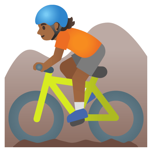 Google design of the person mountain biking: medium-dark skin tone emoji verson:Noto Color Emoji 15.0