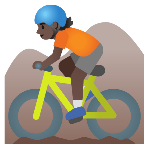 Google design of the person mountain biking: dark skin tone emoji verson:Noto Color Emoji 15.0
