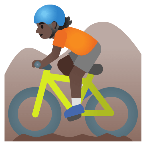 Google design of the person mountain biking: dark skin tone emoji verson:Noto Color Emoji 15.0