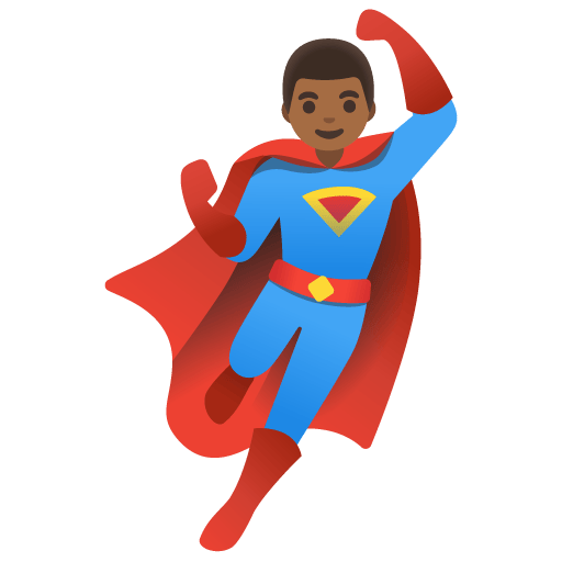Google design of the man superhero: medium-dark skin tone emoji verson:Noto Color Emoji 15.0