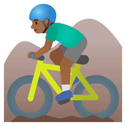 Google design of the man mountain biking: medium-dark skin tone emoji verson:Noto Color Emoji 15.0
