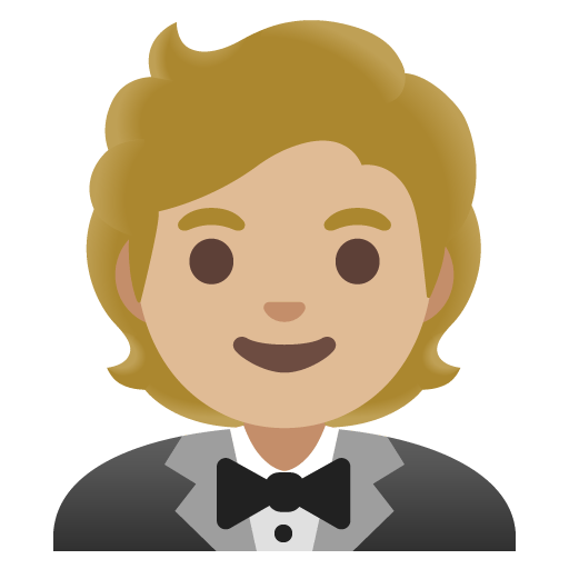 Google design of the person in tuxedo: medium-light skin tone emoji verson:Noto Color Emoji 15.0