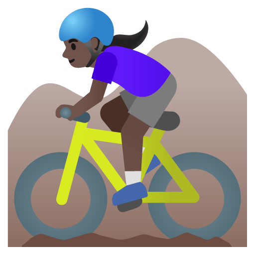 Google design of the woman mountain biking: dark skin tone emoji verson:Noto Color Emoji 15.0