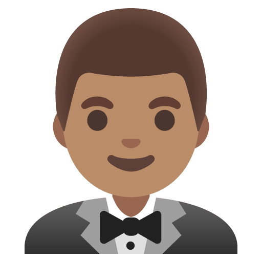 Google design of the man in tuxedo: medium skin tone emoji verson:Noto Color Emoji 15.0