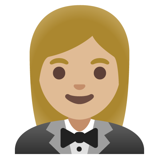 Google design of the woman in tuxedo: medium-light skin tone emoji verson:Noto Color Emoji 15.0