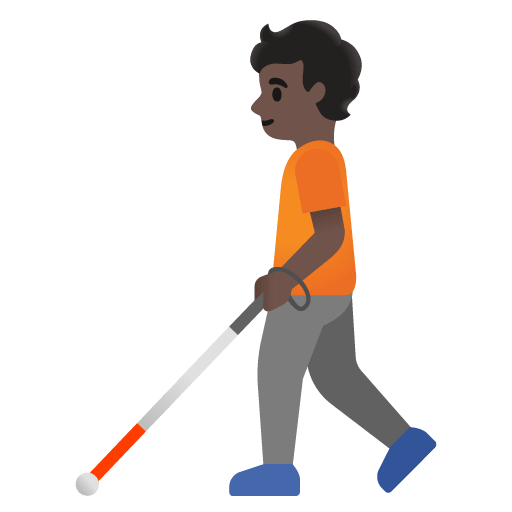 Google design of the person with white cane: dark skin tone emoji verson:Noto Color Emoji 15.0