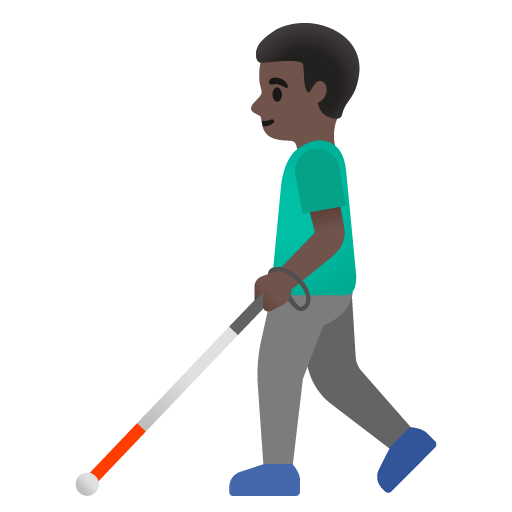 Google design of the man with white cane: dark skin tone emoji verson:Noto Color Emoji 15.0