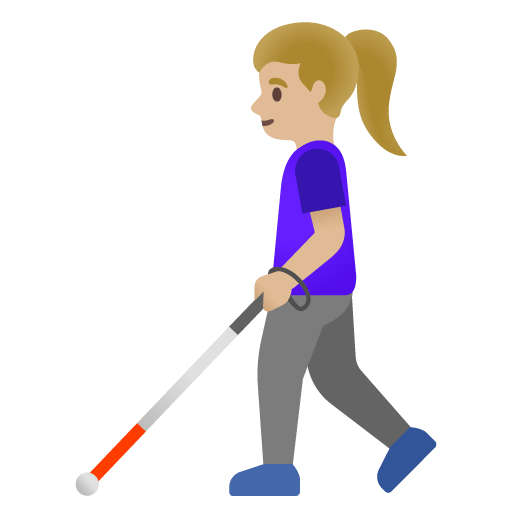 Google design of the woman with white cane: medium-light skin tone emoji verson:Noto Color Emoji 15.0