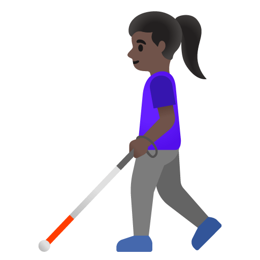 Google design of the woman with white cane: dark skin tone emoji verson:Noto Color Emoji 15.0