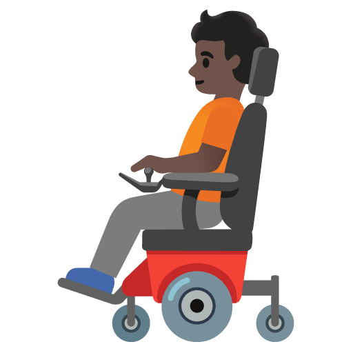 Google design of the person in motorized wheelchair: dark skin tone emoji verson:Noto Color Emoji 15.0