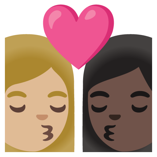 Google design of the kiss: woman woman medium-light skin tone dark skin tone emoji verson:Noto Color Emoji 15.0
