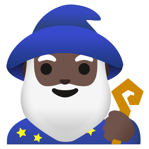 Google design of the man mage: dark skin tone emoji verson:Noto Color Emoji 15.0