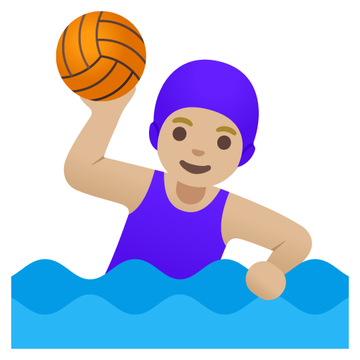 Google design of the woman playing water polo: medium-light skin tone emoji verson:Noto Color Emoji 15.0
