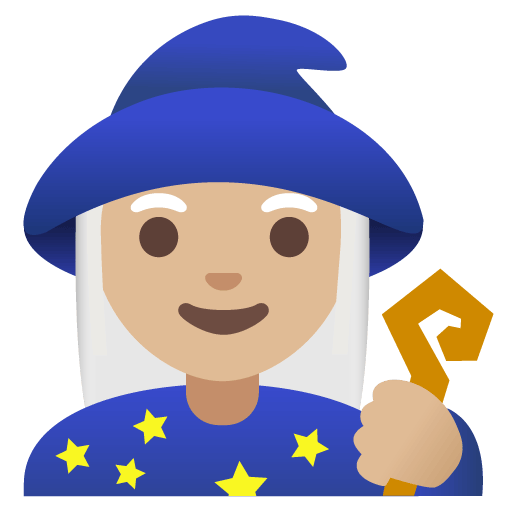 Google design of the woman mage: medium-light skin tone emoji verson:Noto Color Emoji 15.0