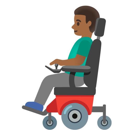 Google design of the man in motorized wheelchair: medium-dark skin tone emoji verson:Noto Color Emoji 15.0