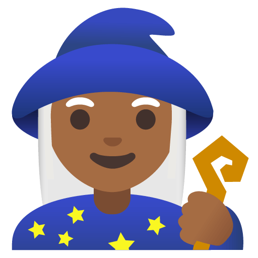 Google design of the woman mage: medium-dark skin tone emoji verson:Noto Color Emoji 15.0