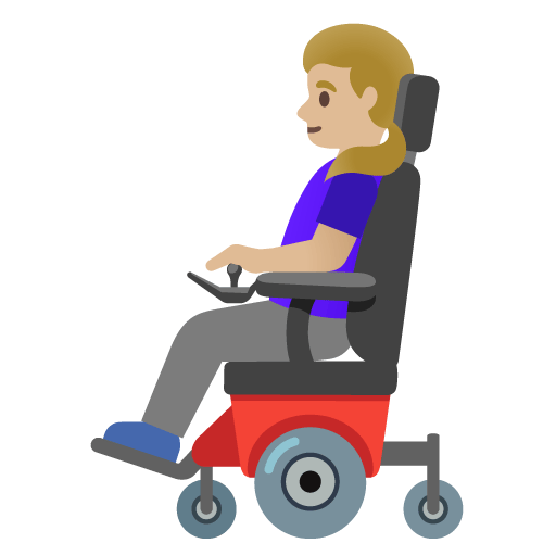 Google design of the woman in motorized wheelchair: medium-light skin tone emoji verson:Noto Color Emoji 15.0