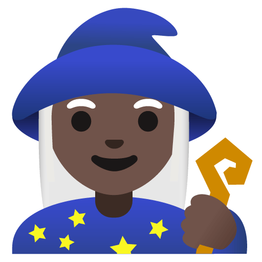 Google design of the woman mage: dark skin tone emoji verson:Noto Color Emoji 15.0