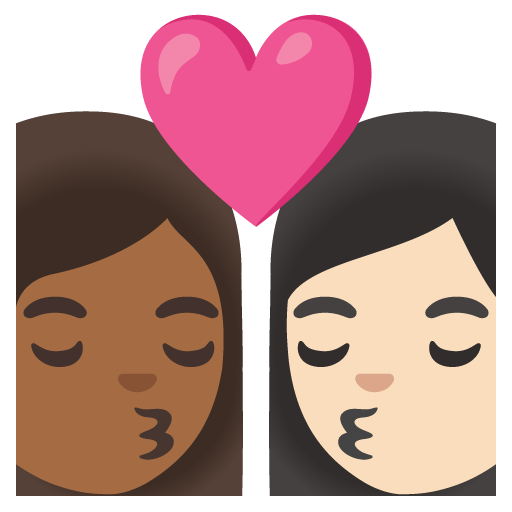 Google design of the kiss: woman woman medium-dark skin tone light skin tone emoji verson:Noto Color Emoji 15.0